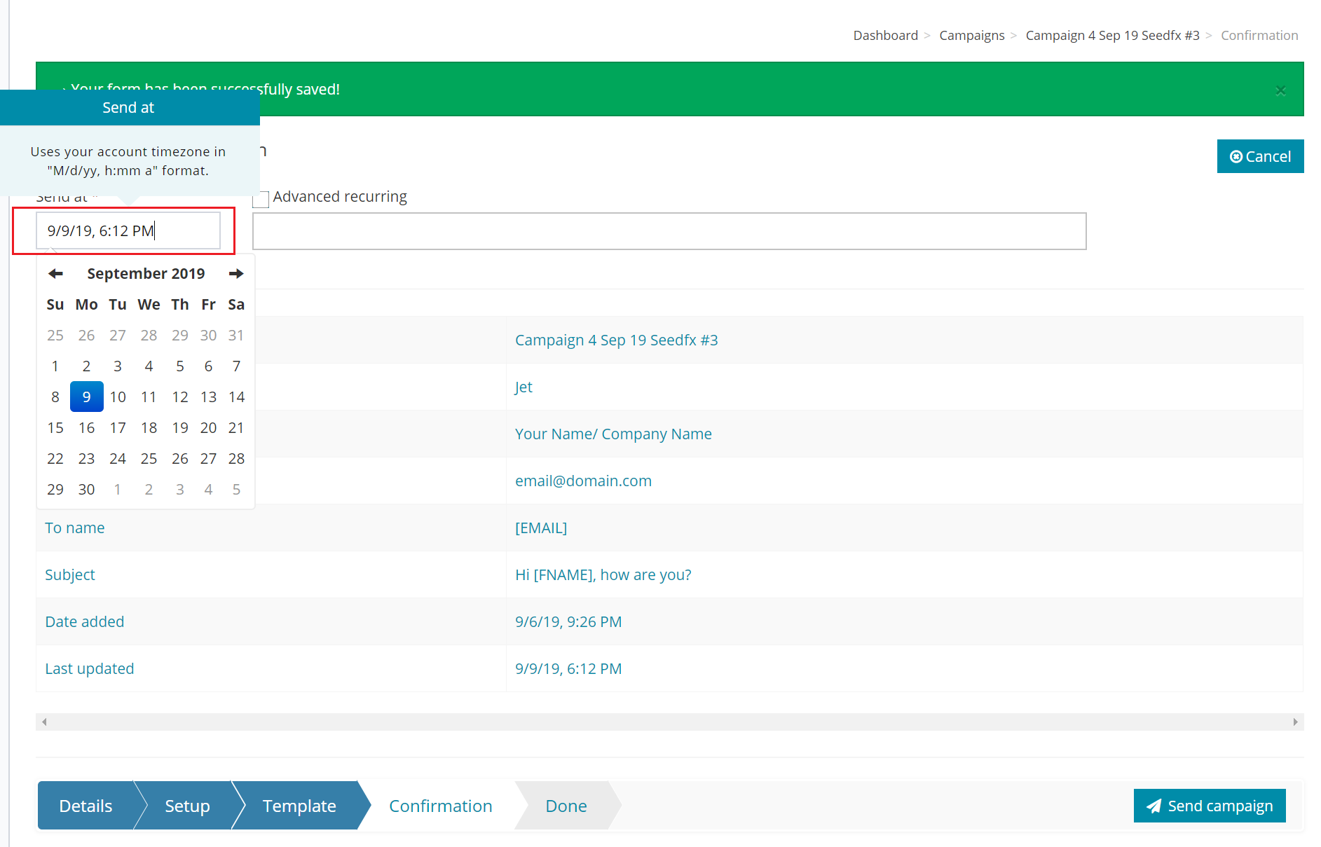 Campaign - Confirmation and Scheduling 