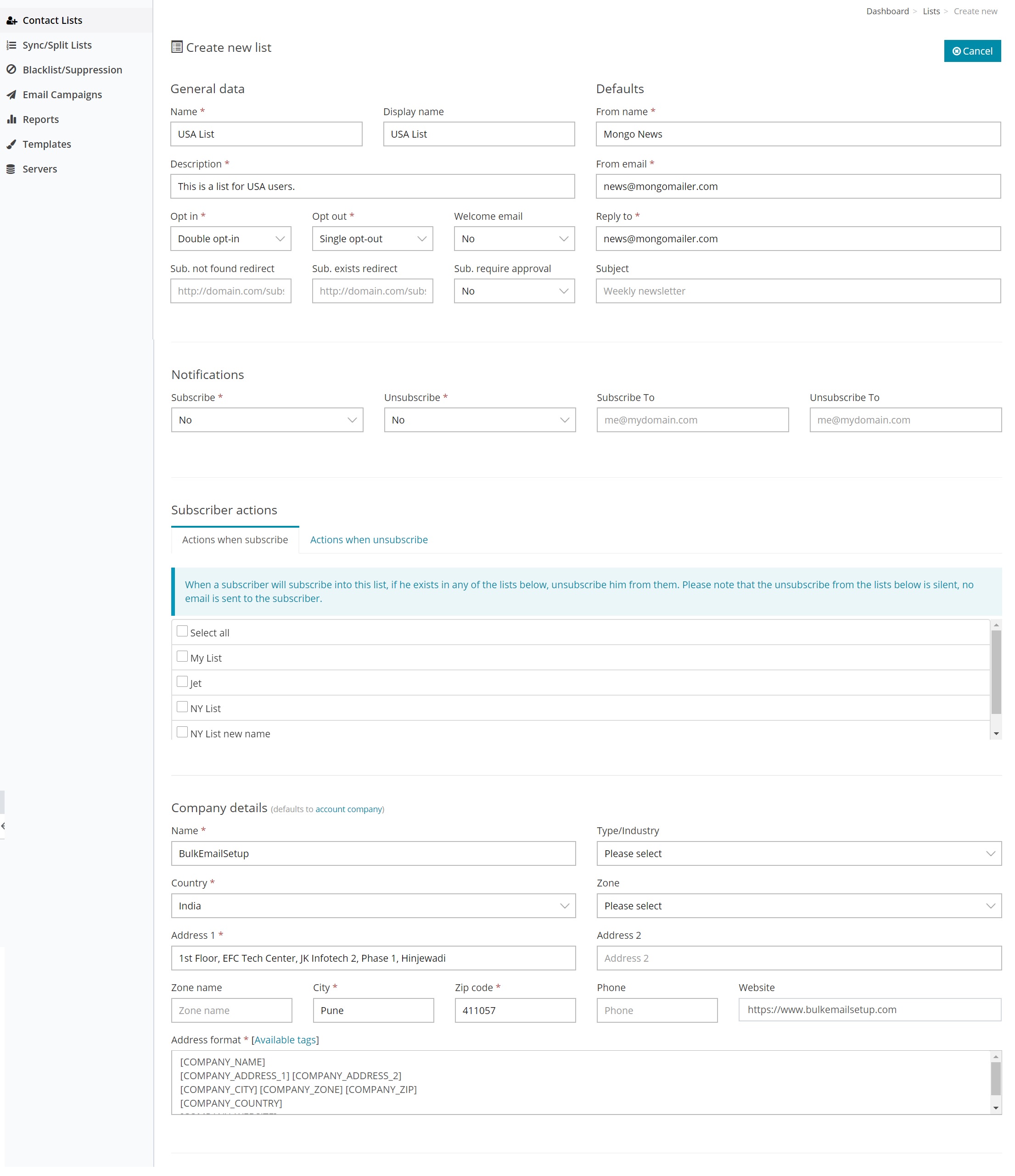 Contact List Details