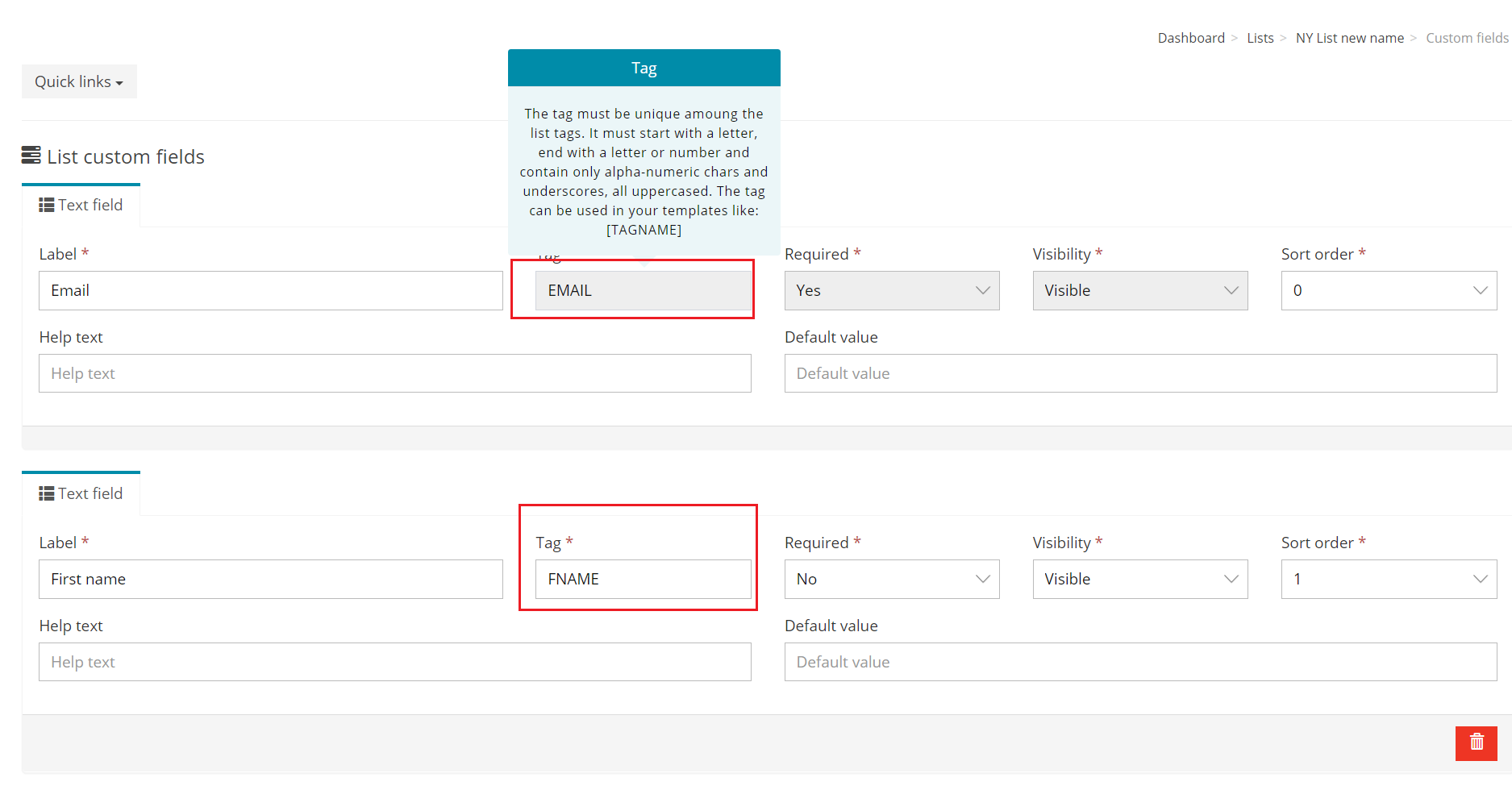 TAGs Should match with your CSV list